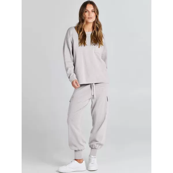 Caracilia Women's Two Piece Outfits Sweater Sets Long Sleeve Knit Pullover Tops and Cargo Jogger Pants Lounge Sets