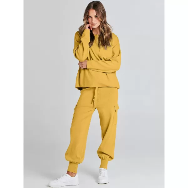Caracilia Women's Two Piece Outfits Sweater Sets Long Sleeve Knit Pullover Tops and Cargo Jogger Pants Lounge Sets