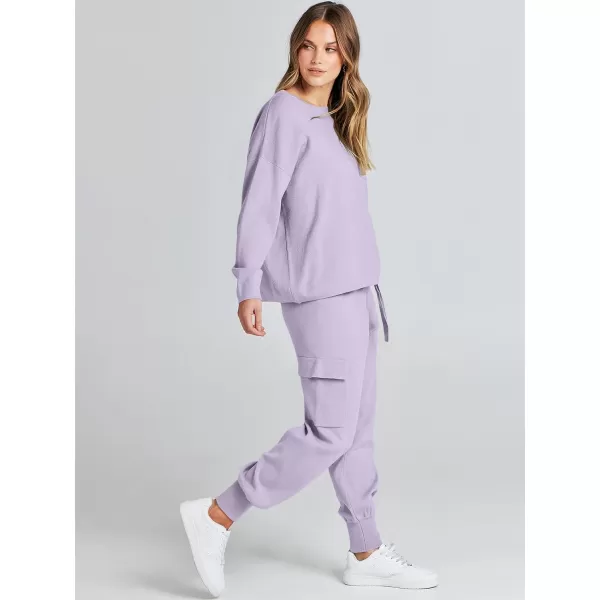 Caracilia Women's Two Piece Outfits Sweater Sets Long Sleeve Knit Pullover Tops and Cargo Jogger Pants Lounge Sets