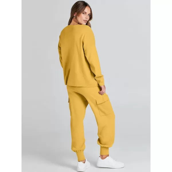 Caracilia Women's Two Piece Outfits Sweater Sets Long Sleeve Knit Pullover Tops and Cargo Jogger Pants Lounge Sets