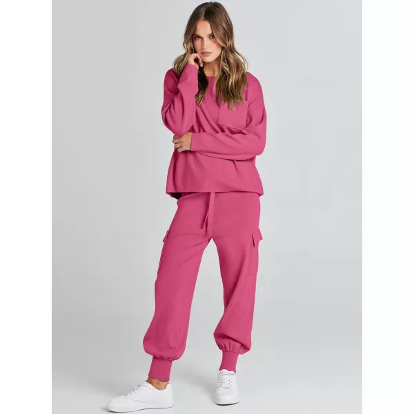 Caracilia Women's Two Piece Outfits Sweater Sets Long Sleeve Knit Pullover Tops and Cargo Jogger Pants Lounge Sets