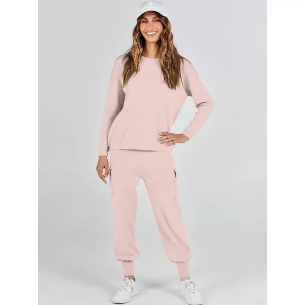 Caracilia Women's Two Piece Outfits Sweater Sets Long Sleeve Knit Pullover Tops and Cargo Jogger Pants Lounge Sets