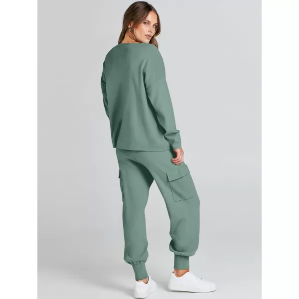 Caracilia Women's Two Piece Outfits Sweater Sets Long Sleeve Knit Pullover Tops and Cargo Jogger Pants Lounge Sets