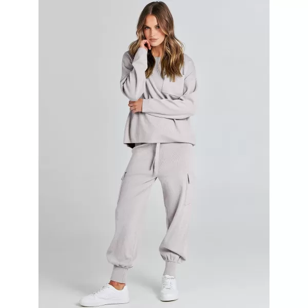 Caracilia Women's Two Piece Outfits Sweater Sets Long Sleeve Knit Pullover Tops and Cargo Jogger Pants Lounge Sets
