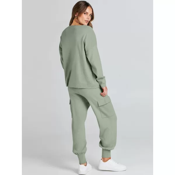 Caracilia Women's Two Piece Outfits Sweater Sets Long Sleeve Knit Pullover Tops and Cargo Jogger Pants Lounge Sets