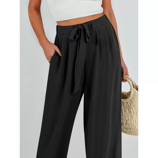Caracilia Womens Wide Leg Palazzo Pants High Waisted Adjustable Tie Knot Flowy Trousers Casual Loose Lounge Pant with Pockets