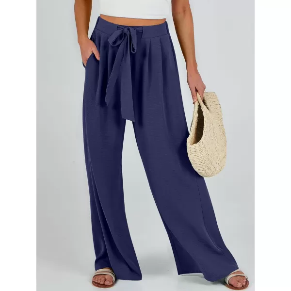 Caracilia Womens Wide Leg Palazzo Pants High Waisted Adjustable Tie Knot Flowy Trousers Casual Loose Lounge Pant with Pockets