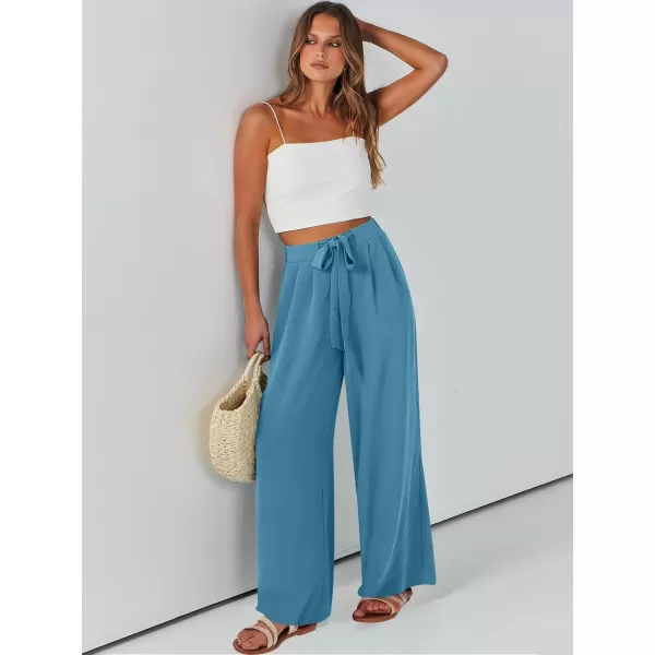 Caracilia Womens Wide Leg Palazzo Pants High Waisted Adjustable Tie Knot Flowy Trousers Casual Loose Lounge Pant with Pockets