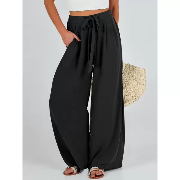 Caracilia Womens Wide Leg Palazzo Pants High Waisted Adjustable Tie Knot Flowy Trousers Casual Loose Lounge Pant with Pockets