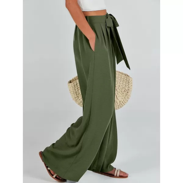 Caracilia Womens Wide Leg Palazzo Pants High Waisted Adjustable Tie Knot Flowy Trousers Casual Loose Lounge Pant with Pockets