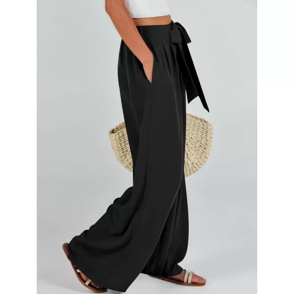 Caracilia Womens Wide Leg Palazzo Pants High Waisted Adjustable Tie Knot Flowy Trousers Casual Loose Lounge Pant with Pockets