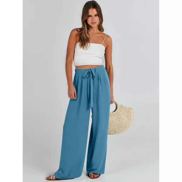 Caracilia Womens Wide Leg Palazzo Pants High Waisted Adjustable Tie Knot Flowy Trousers Casual Loose Lounge Pant with Pockets