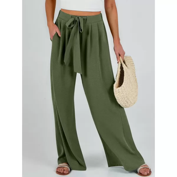 Caracilia Womens Wide Leg Palazzo Pants High Waisted Adjustable Tie Knot Flowy Trousers Casual Loose Lounge Pant with Pockets