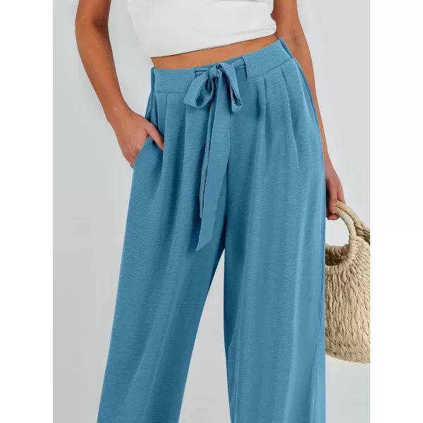 Caracilia Womens Wide Leg Palazzo Pants High Waisted Adjustable Tie Knot Flowy Trousers Casual Loose Lounge Pant with Pockets