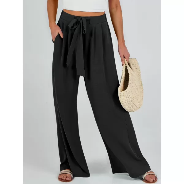 Caracilia Womens Wide Leg Palazzo Pants High Waisted Adjustable Tie Knot Flowy Trousers Casual Loose Lounge Pant with Pockets