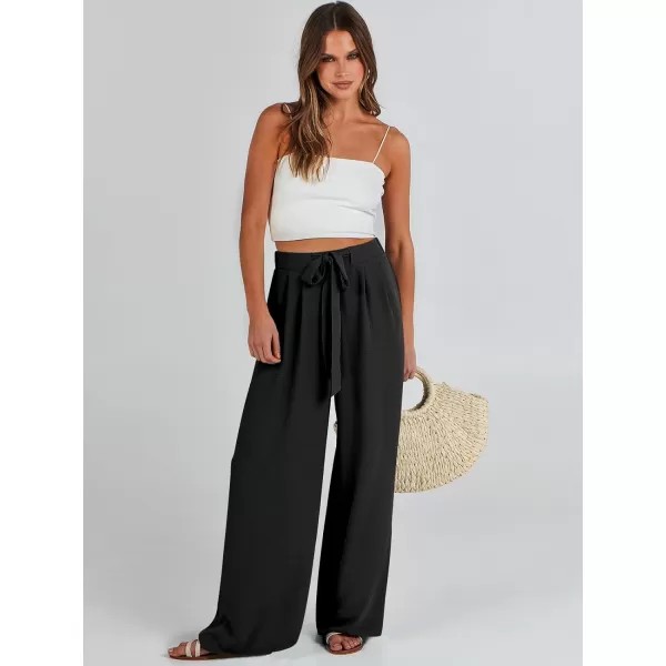 Caracilia Womens Wide Leg Palazzo Pants High Waisted Adjustable Tie Knot Flowy Trousers Casual Loose Lounge Pant with Pockets