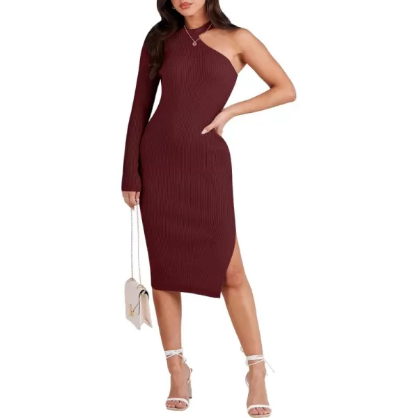 Caracilia Women 2023 Fall Sweater Dress Sexy One Shoulder Long Sleeve Ribbed Knit Side Slit Bodycon Midi Dresses