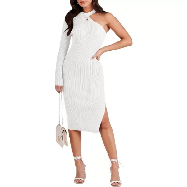 Caracilia Women 2023 Fall Sweater Dress Sexy One Shoulder Long Sleeve Ribbed Knit Side Slit Bodycon Midi Dresses