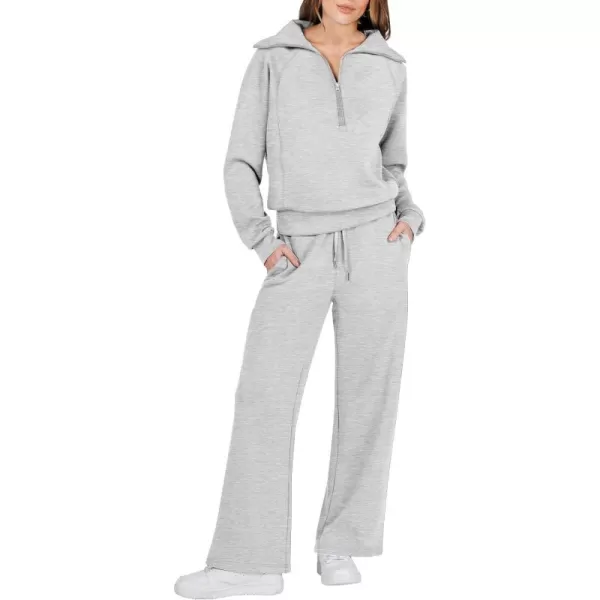 Caracilia Women Two Piece Outfits Sweatsuit Set Quarter Zip Oversized Sweatshirt Wide Leg Sweatpant Fall Lounge Set Tracksuit