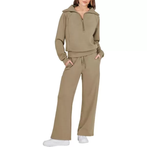 Caracilia Women Two Piece Outfits Sweatsuit Set Quarter Zip Oversized Sweatshirt Wide Leg Sweatpant Fall Lounge Set Tracksuit