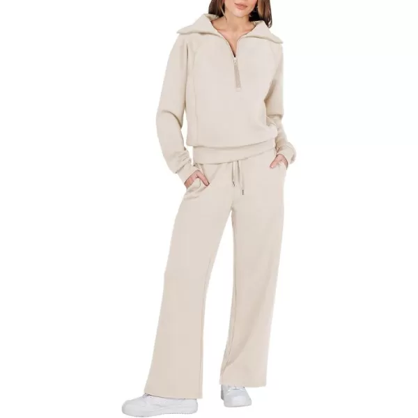 Caracilia Women Two Piece Outfits Sweatsuit Set Quarter Zip Oversized Sweatshirt Wide Leg Sweatpant Fall Lounge Set Tracksuit