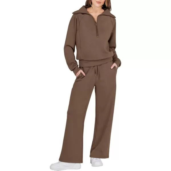 Caracilia Women Two Piece Outfits Sweatsuit Set Quarter Zip Oversized Sweatshirt Wide Leg Sweatpant Fall Lounge Set Tracksuit