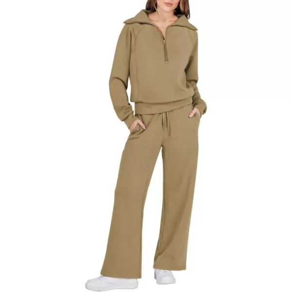 Caracilia Women Two Piece Outfits Sweatsuit Set Quarter Zip Oversized Sweatshirt Wide Leg Sweatpant Fall Lounge Set Tracksuit