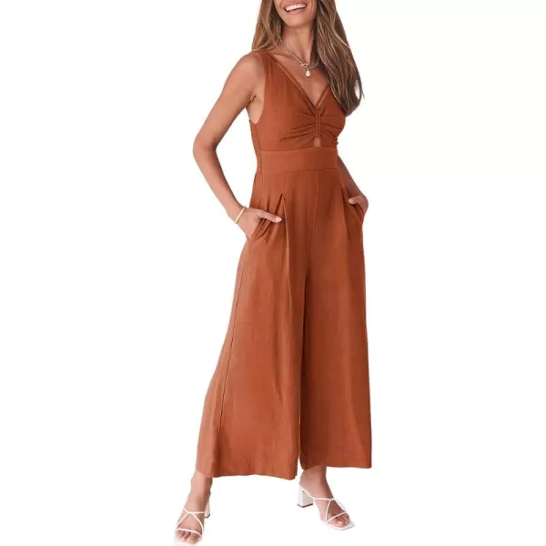 Caracilia Women's Summer Wide Leg Jumpsuits Dressy Sleeveless V Neck High Waist Cutout Straps One Piece Linen Rompers