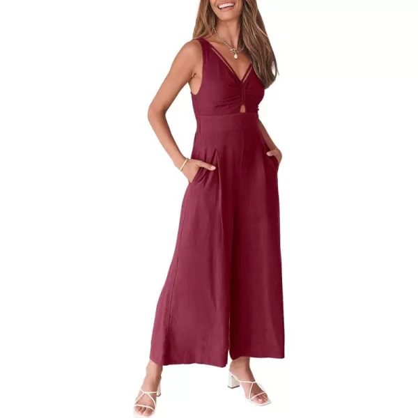 Caracilia Women's Summer Wide Leg Jumpsuits Dressy Sleeveless V Neck High Waist Cutout Straps One Piece Linen Rompers