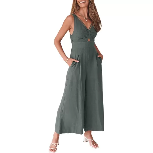 Caracilia Women's Summer Wide Leg Jumpsuits Dressy Sleeveless V Neck High Waist Cutout Straps One Piece Linen Rompers