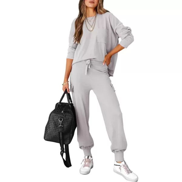 Caracilia Women's Two Piece Outfits Sweater Sets Long Sleeve Knit Pullover Tops and Cargo Jogger Pants Lounge Sets
