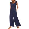 imageCaracilia Womens Jumpsuit Sleeveless Casual Dressy Smocked Wide Leg Rompers Summer Vacation Jumpers with Pockets 2025 OutfitsDeep Blue