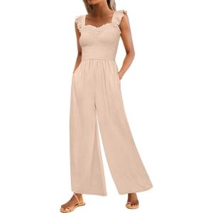 imageCaracilia Womens Jumpsuit Sleeveless Casual Dressy Smocked Wide Leg Rompers Summer Vacation Jumpers with Pockets 2025 OutfitsApricot