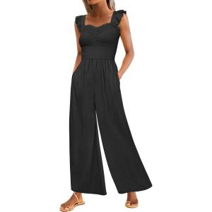 imageCaracilia Womens Jumpsuit Sleeveless Casual Dressy Smocked Wide Leg Rompers Summer Vacation Jumpers with Pockets 2025 OutfitsBlack