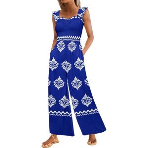 imageCaracilia Womens Jumpsuit Sleeveless Casual Dressy Smocked Wide Leg Rompers Summer Vacation Jumpers with Pockets 2025 OutfitsBlue White Floral