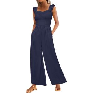 imageCaracilia Womens Jumpsuit Sleeveless Casual Dressy Smocked Wide Leg Rompers Summer Vacation Jumpers with Pockets 2025 OutfitsDeep Blue