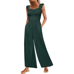 imageCaracilia Womens Jumpsuit Sleeveless Casual Dressy Smocked Wide Leg Rompers Summer Vacation Jumpers with Pockets 2025 OutfitsForest Green