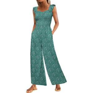 imageCaracilia Womens Jumpsuit Sleeveless Casual Dressy Smocked Wide Leg Rompers Summer Vacation Jumpers with Pockets 2025 OutfitsGreen Floral