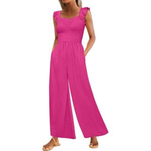 imageCaracilia Womens Jumpsuit Sleeveless Casual Dressy Smocked Wide Leg Rompers Summer Vacation Jumpers with Pockets 2025 OutfitsHot Pink