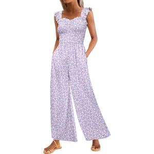 imageCaracilia Womens Jumpsuit Sleeveless Casual Dressy Smocked Wide Leg Rompers Summer Vacation Jumpers with Pockets 2025 OutfitsLight Purple Floral