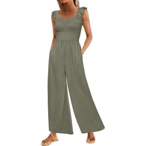 imageCaracilia Womens Jumpsuit Sleeveless Casual Dressy Smocked Wide Leg Rompers Summer Vacation Jumpers with Pockets 2025 OutfitsOlive