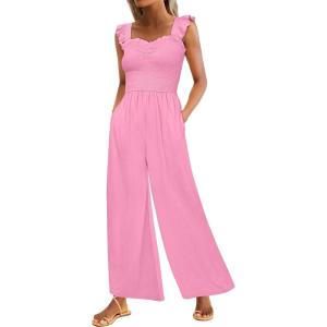 imageCaracilia Womens Jumpsuit Sleeveless Casual Dressy Smocked Wide Leg Rompers Summer Vacation Jumpers with Pockets 2025 OutfitsPeach