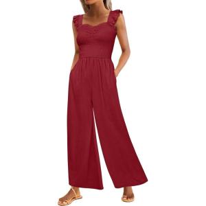 imageCaracilia Womens Jumpsuit Sleeveless Casual Dressy Smocked Wide Leg Rompers Summer Vacation Jumpers with Pockets 2025 OutfitsWine Red