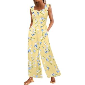 imageCaracilia Womens Jumpsuit Sleeveless Casual Dressy Smocked Wide Leg Rompers Summer Vacation Jumpers with Pockets 2025 OutfitsYellow Blue Flower