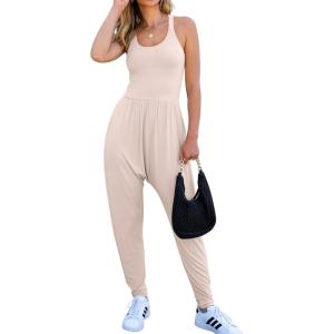 imageCaracilia Women Jumpsuits 2025 Summer Sleeveless Backless Tank Top Rompers Yoga Gym Workout Jumper One Piece OutfitsBeige