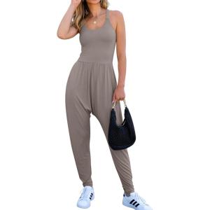 imageCaracilia Women Jumpsuits 2025 Summer Sleeveless Backless Tank Top Rompers Yoga Gym Workout Jumper One Piece OutfitsBrown