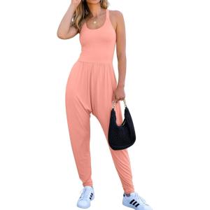 imageCaracilia Women Jumpsuits 2025 Summer Sleeveless Backless Tank Top Rompers Yoga Gym Workout Jumper One Piece OutfitsCoral