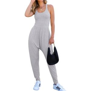 imageCaracilia Women Jumpsuits 2025 Summer Sleeveless Backless Tank Top Rompers Yoga Gym Workout Jumper One Piece OutfitsGrey