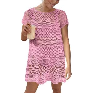 imageCaracilia Women Swimsuit Coverup Crochet Bathing Suit Cover Ups for Swimwear Swim Summer Bikini Beachwear Beach DressPink