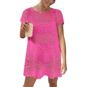 imageCaracilia Women Swimsuit Coverup Crochet Bathing Suit Cover Ups for Swimwear Swim Summer Bikini Beachwear Beach DressRose Red